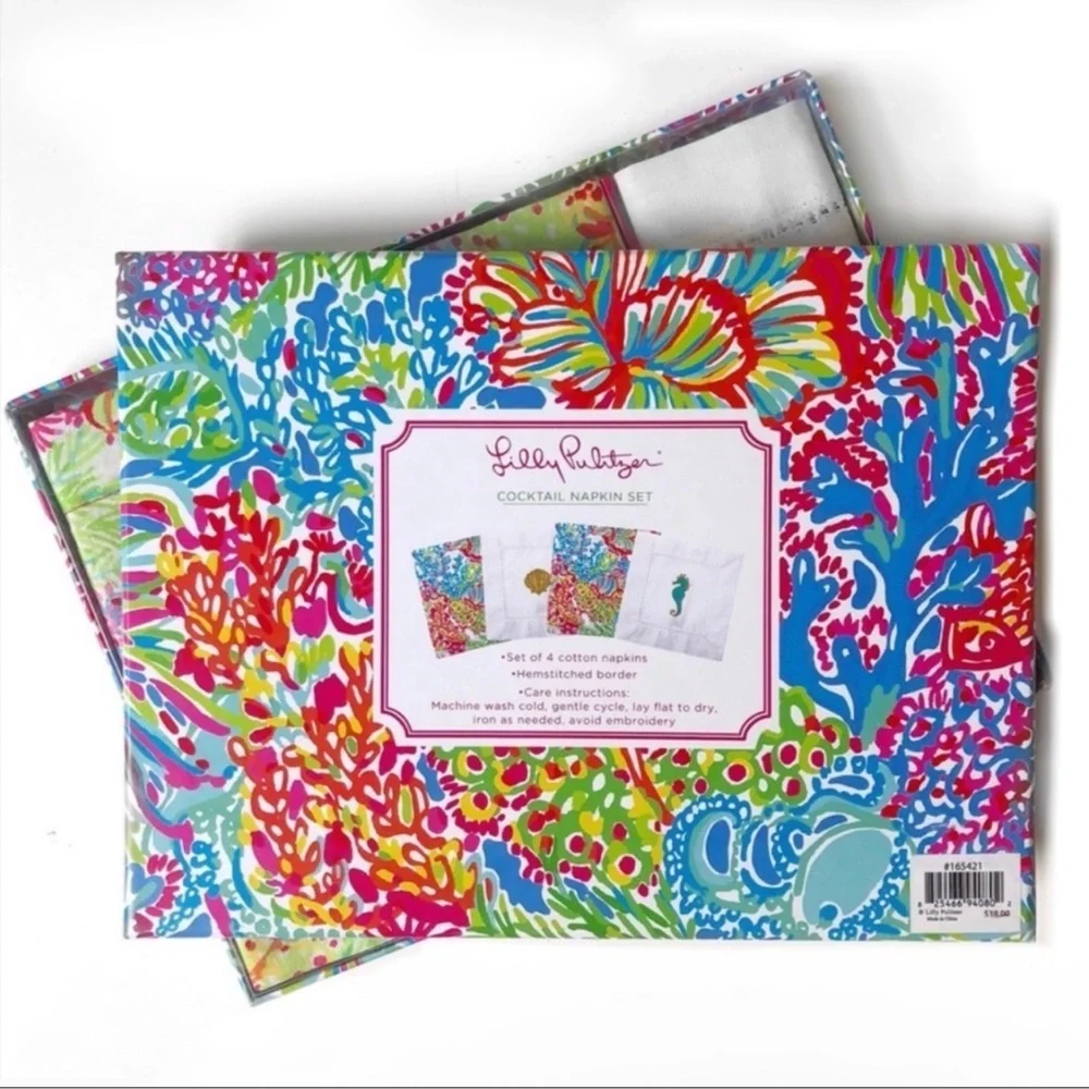 Lilly Pulitzer cotton embroidered cocktail napkin set of 4 NWT in box